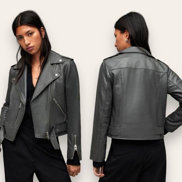 AllSaints Balfern Belted Hem Lamb Leather Biker Jacket Zip Cuff Gray 2 Women’s - Picture 1 of 9